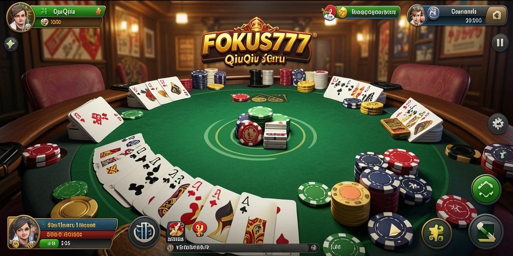 Screenshot utama FOKUS777 menunjukkan aksi seru dalam permainan QiuQiu.