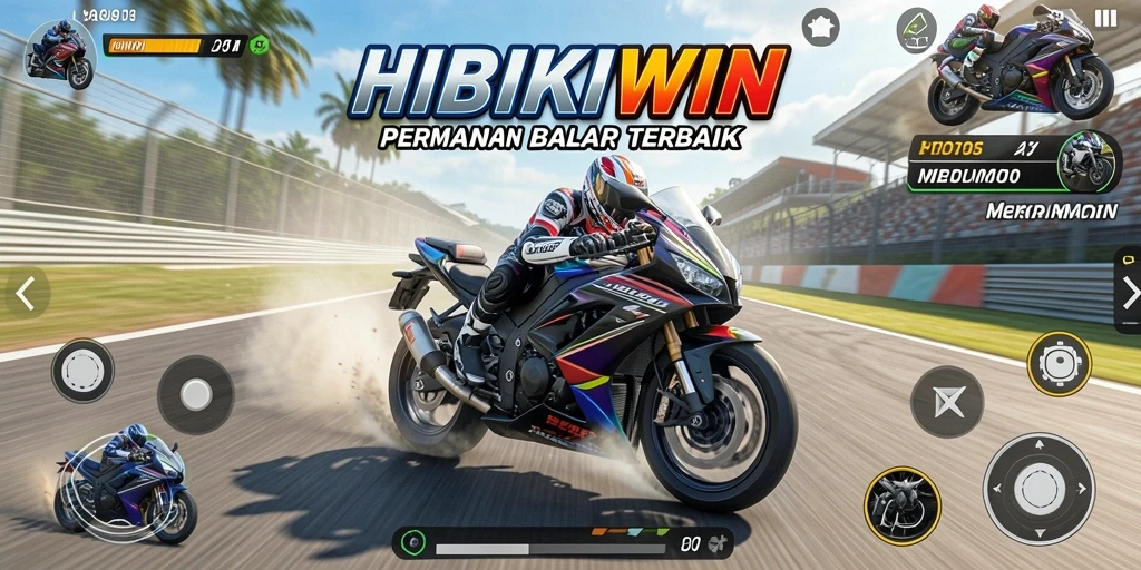 Screenshot HIBIKIWIN yang menampilkan aksi balap motor yang mendebarkan.
