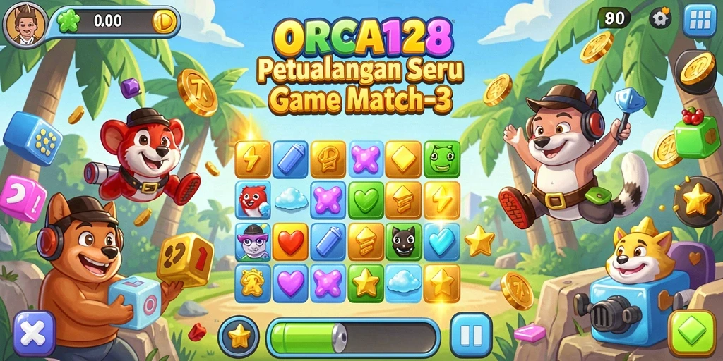 Tampilan menarik gameplay ORCA128 dengan simbol berwarna-warni.
