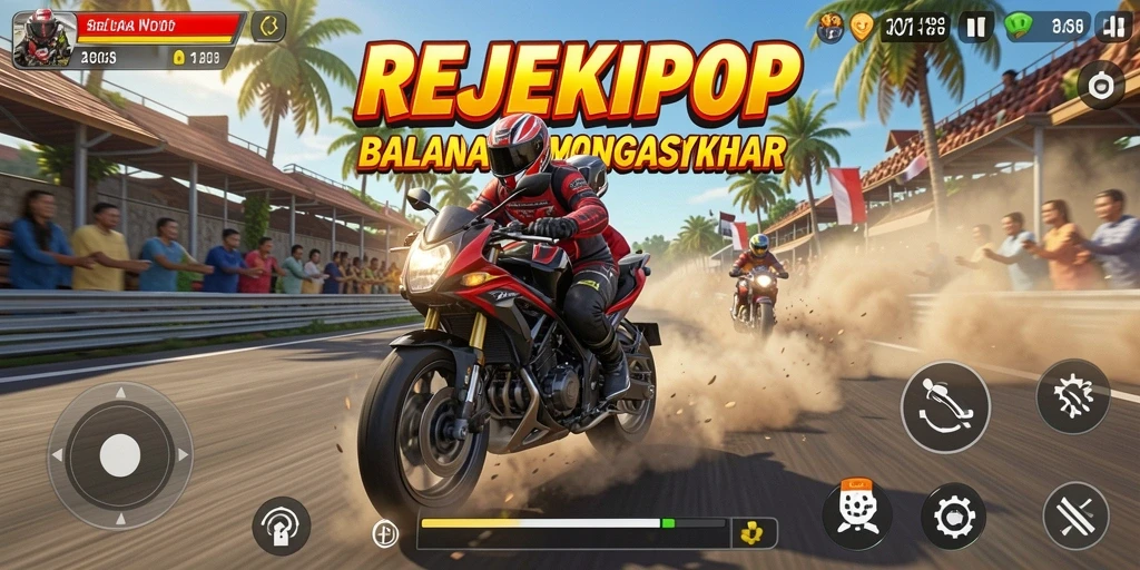 Tampilan gameplay seru dalam balapan motor REJEKIPOP.