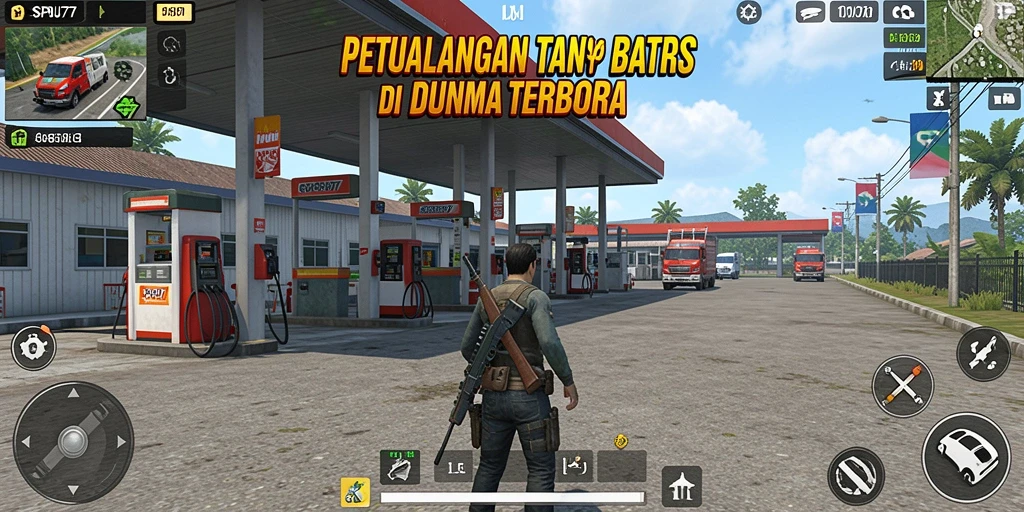 Screenshot menunjukkan karakter utama menjelajahi dunia terbuka yang luas.