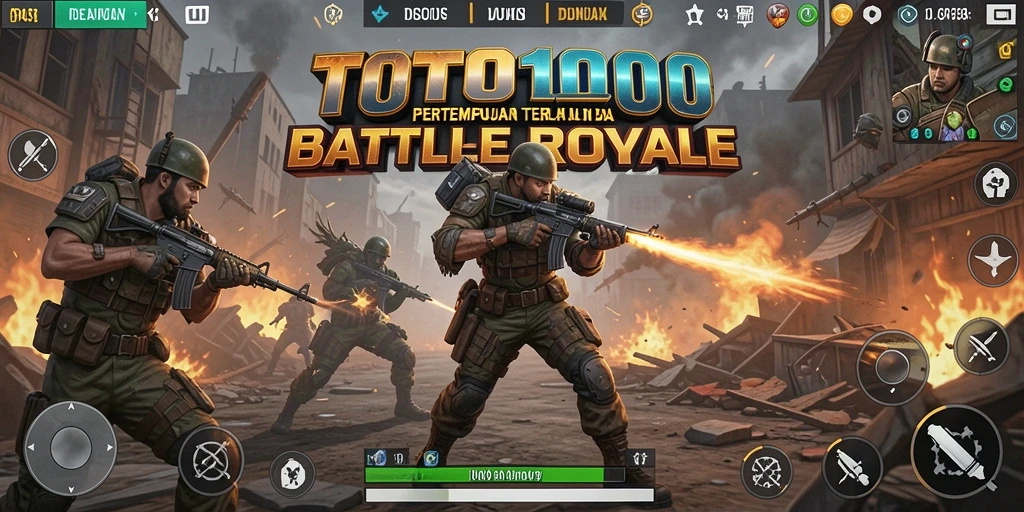 Screenshot utama TOTO1000 menampilkan aksi mendebarkan di medan perang Battle Royale.